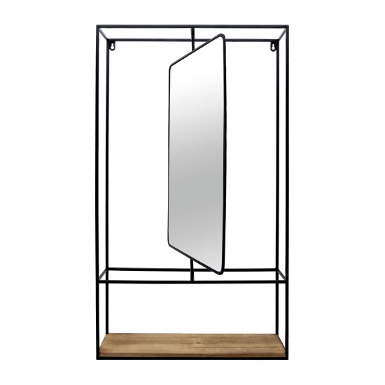 Metal/wood 36"h Wall Shelf With Mirror, Black/brow