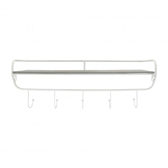 Metal/wood, 24" 5 Hook Wall Shelf, White/gray