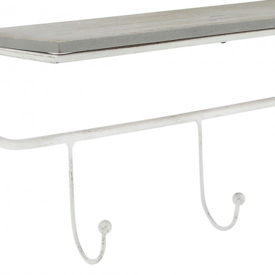 Metal/wood, 24" 5 Hook Wall Shelf, White/gray