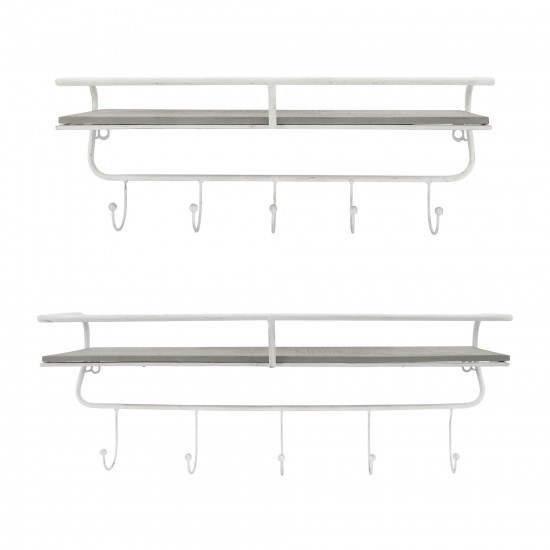 Metal/wood, 24" 5 Hook Wall Shelf, White/gray