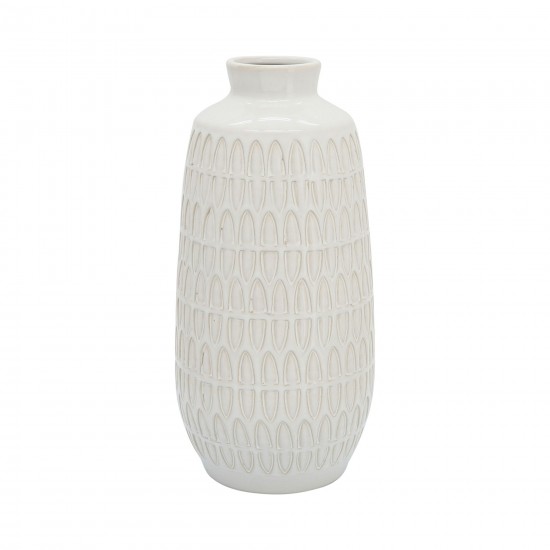 Cer, 12"h Carved Vase, Beige