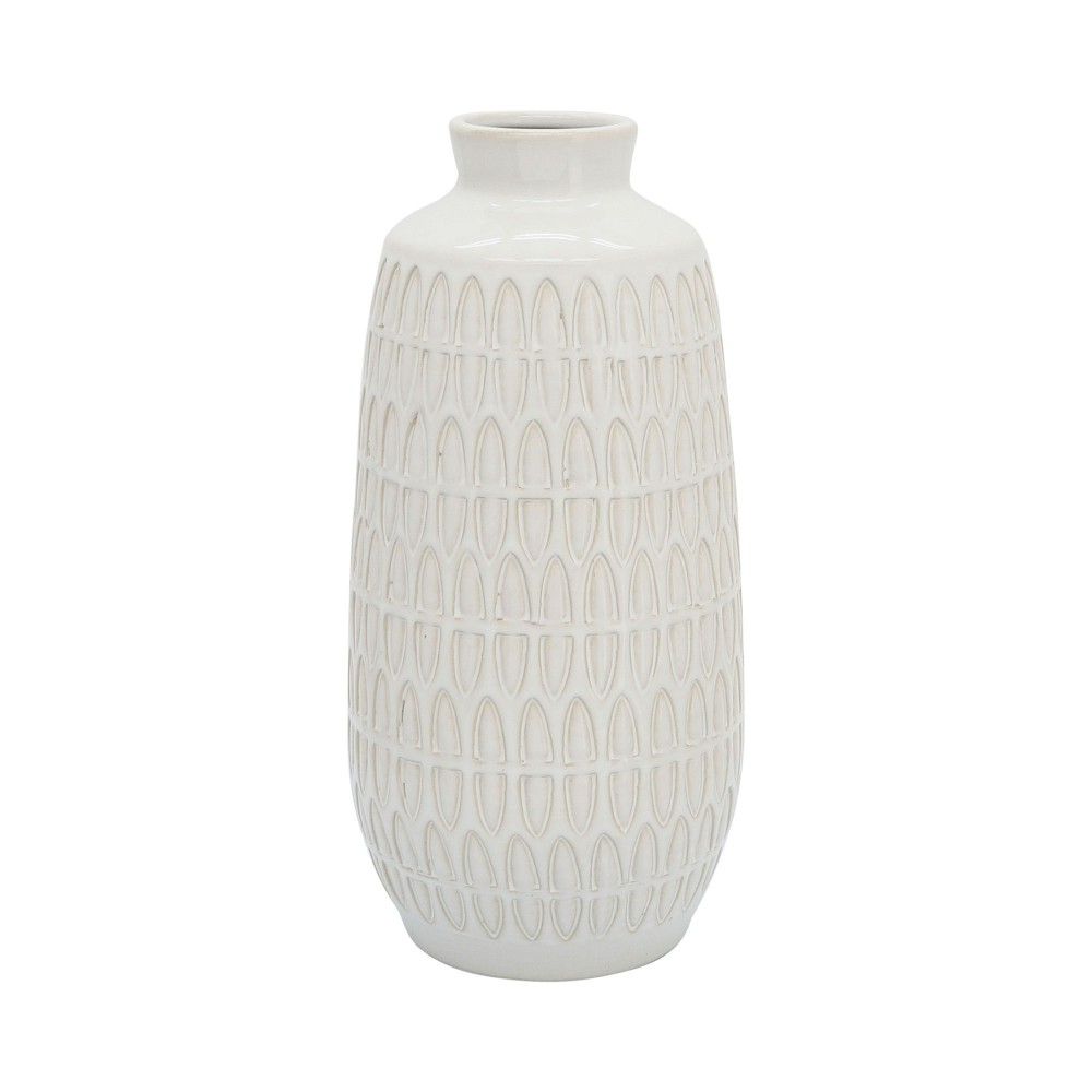 Cer, 12"h Carved Vase, Beige