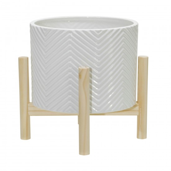 8" Ceramic Chevron Planter W/ Wood Stand, White