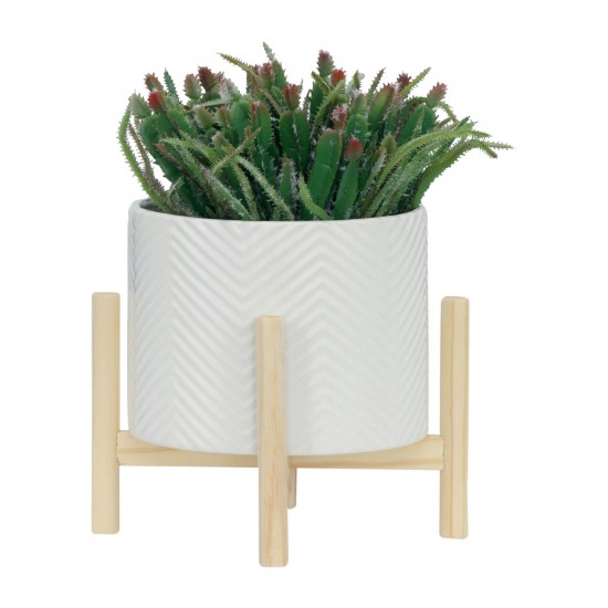 8" Ceramic Chevron Planter W/ Wood Stand, White