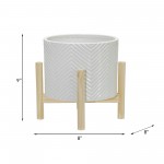 8" Ceramic Chevron Planter W/ Wood Stand, White