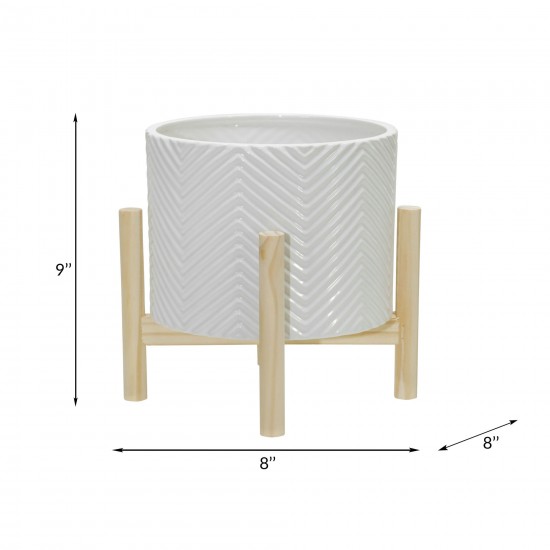 8" Ceramic Chevron Planter W/ Wood Stand, White