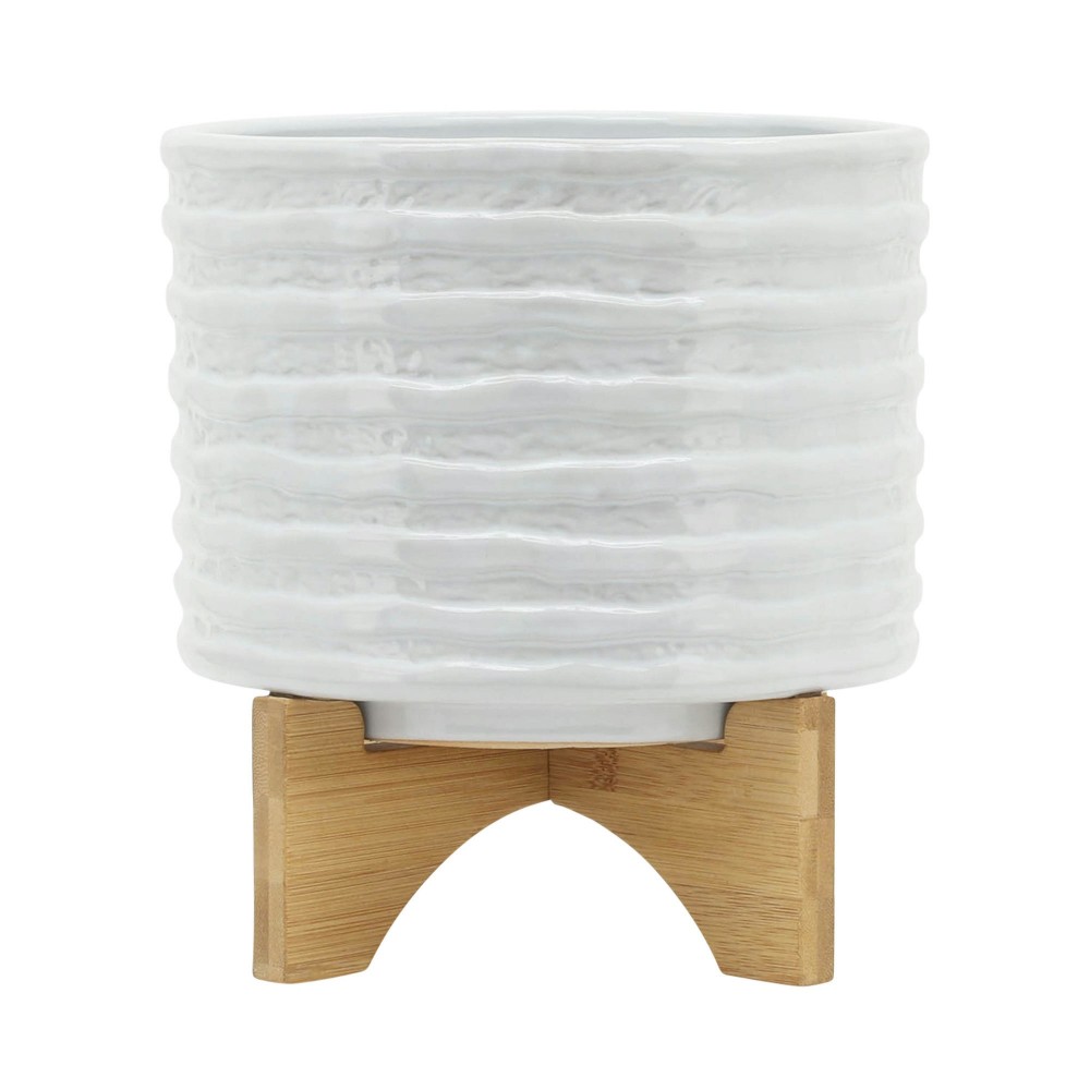 Ceramic 8" Planter On Stand, White Stripe