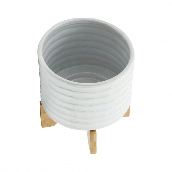 Ceramic 8" Planter On Stand, White Stripe