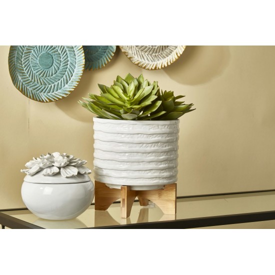 Ceramic 8" Planter On Stand, White Stripe