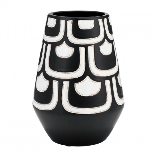 Cer, 10"h Tribal Vase, Black/white