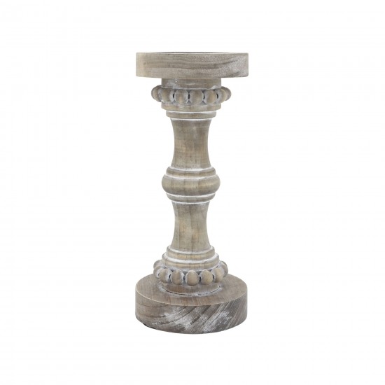 Wood, 11" Banded Bead Candle Holder, Antique White