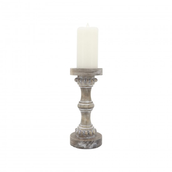 Wood, 11" Banded Bead Candle Holder, Antique White