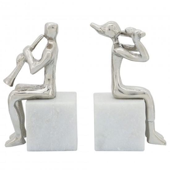 S/2 Metal Musicians On Marble Base, Silver