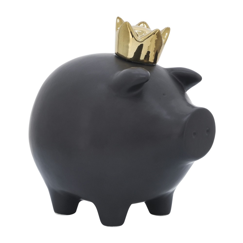 Cer, 8" Pig With Crown, Black