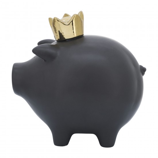 Cer, 8" Pig With Crown, Black