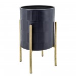 S/2 Textured Planter On Metal Stand, Navy/gld