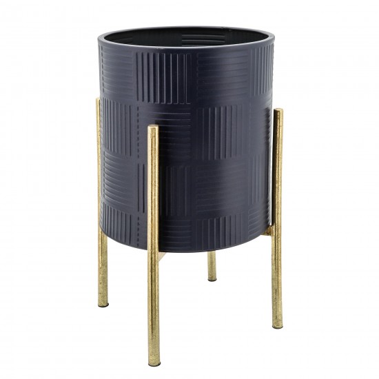 S/2 Textured Planter On Metal Stand, Navy/gld