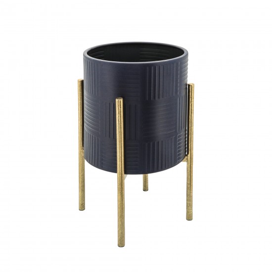 S/2 Textured Planter On Metal Stand, Navy/gld