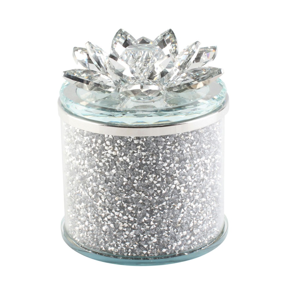 Crystal 5" Round Lotus Box, Silver