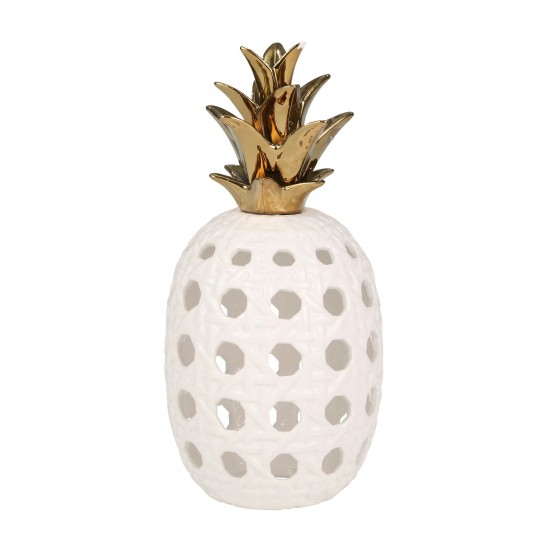 Ceramic 16" Lattice Weave Pineapple, White / Gold