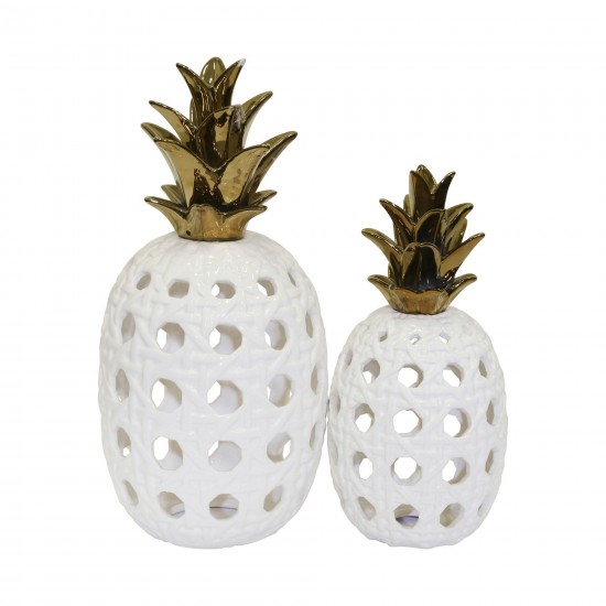 Ceramic 16" Lattice Weave Pineapple, White / Gold