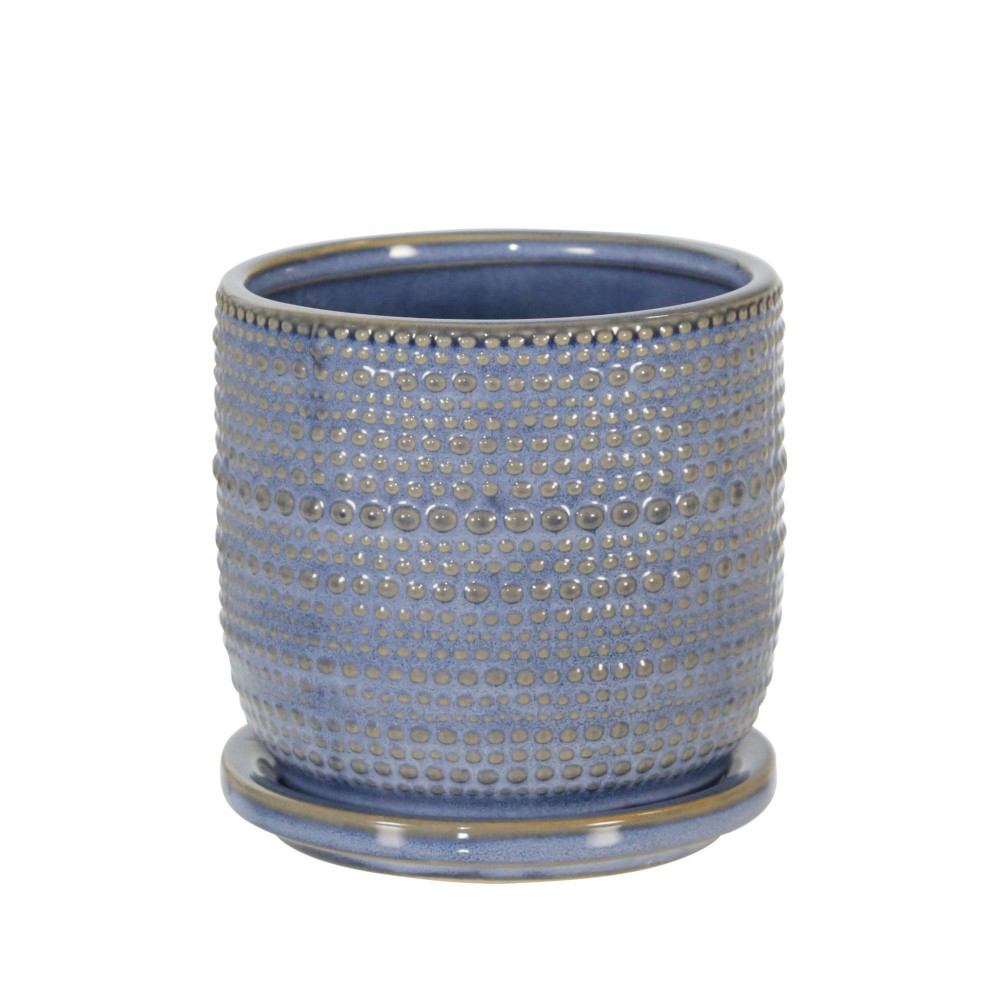 Ceramic 5" Textured Planter W/ Saucer, Blue