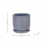 Ceramic 5" Textured Planter W/ Saucer, Blue