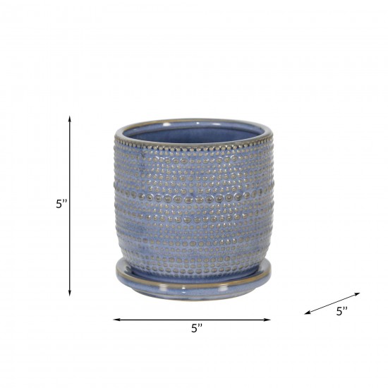 Ceramic 5" Textured Planter W/ Saucer, Blue