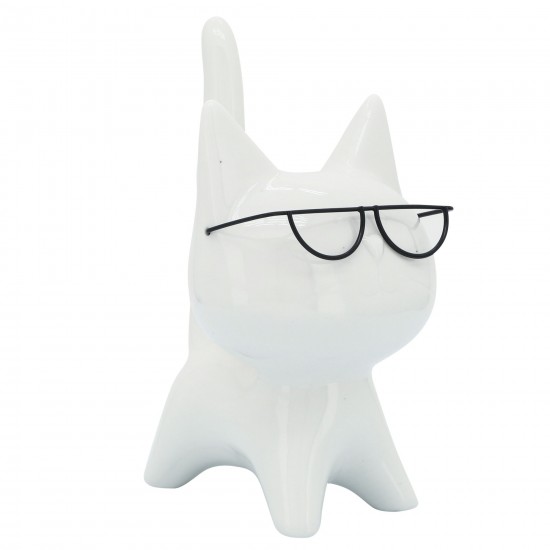 Porcelain, 8"h Kitty W/ Glasses, White