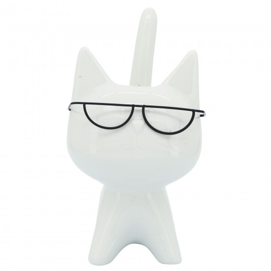 Porcelain, 8"h Kitty W/ Glasses, White