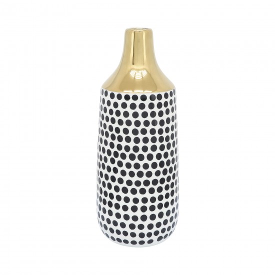 Cer, 16"h Polka Dots Vase, Gold/white