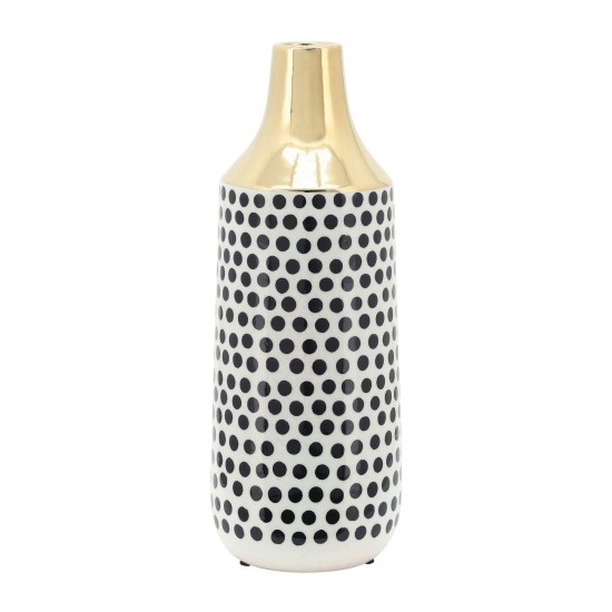 Cer, 16"h Polka Dots Vase, Gold/white