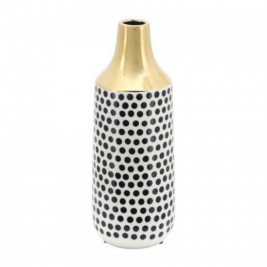 Cer, 16"h Polka Dots Vase, Gold/white