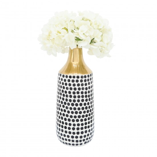 Cer, 16"h Polka Dots Vase, Gold/white