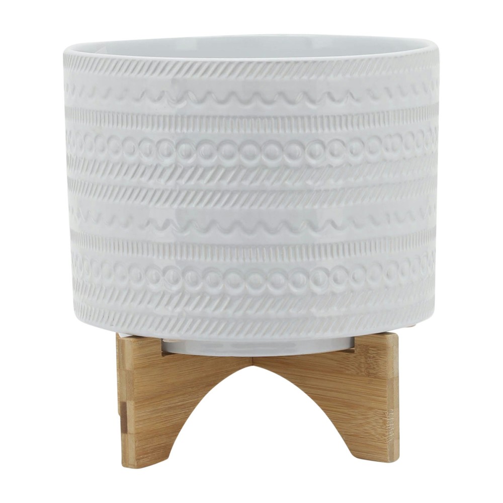 10" Tribal Planter W/ Wood Stand, White