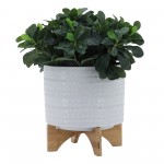 10" Tribal Planter W/ Wood Stand, White