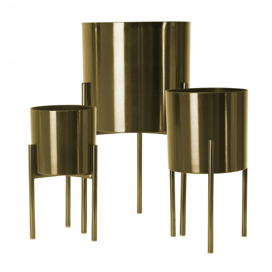 S/3 Metal Planters On Stand 18/15/12"h, Gold