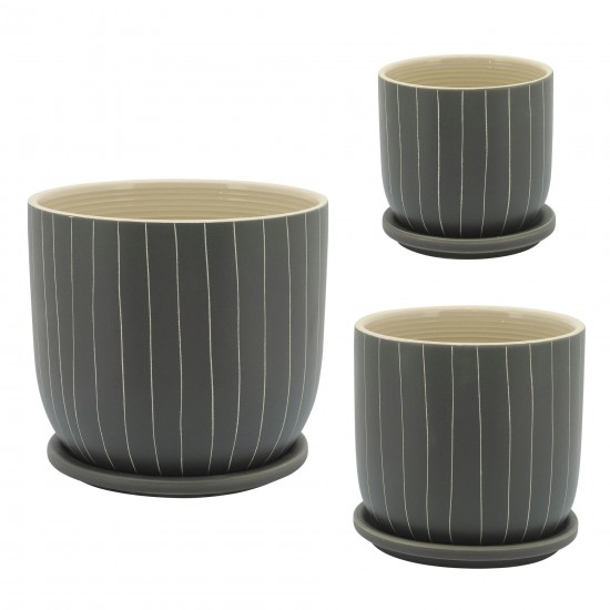 8" Stripes Planter W/ Saucer, Gray