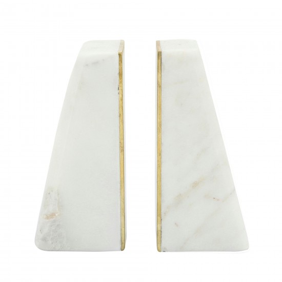 S/2 Marble 7"h Slanted Bookends W/gold Trim,white