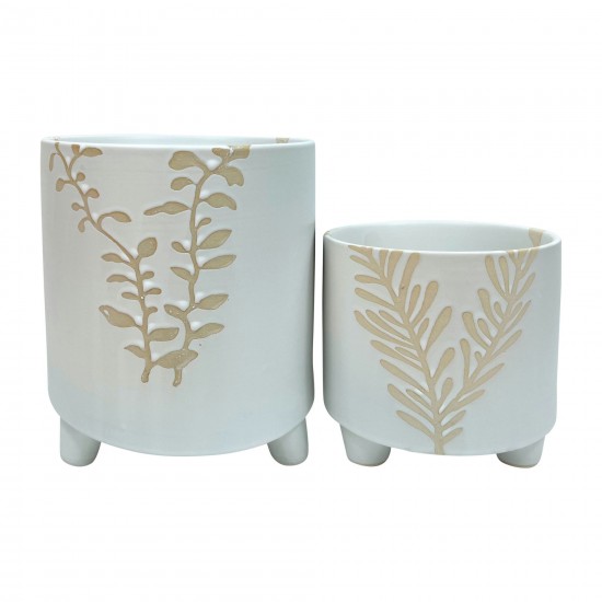 Cer,s/2,6/8", Leaf Footed Planter ,white/gold