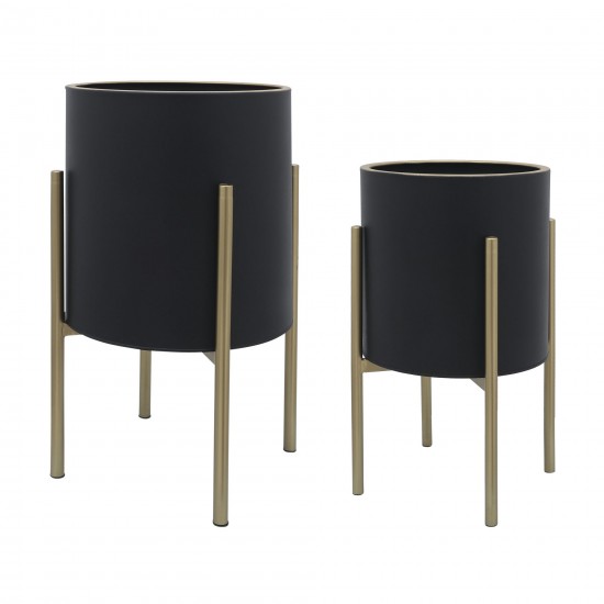 S/2 Planter On Metal Stand, Black/gld