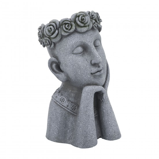 Resin, 18"h Daydreaming Lady Planter, Gray, Eyes Closed