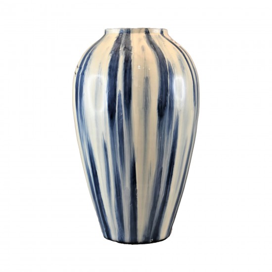 Glass, 17" Striped Vase, Blue/white