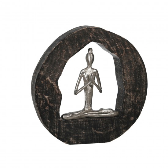 Aluminum Yoga Lady In Circle Log 11", Silver, Praying Hands