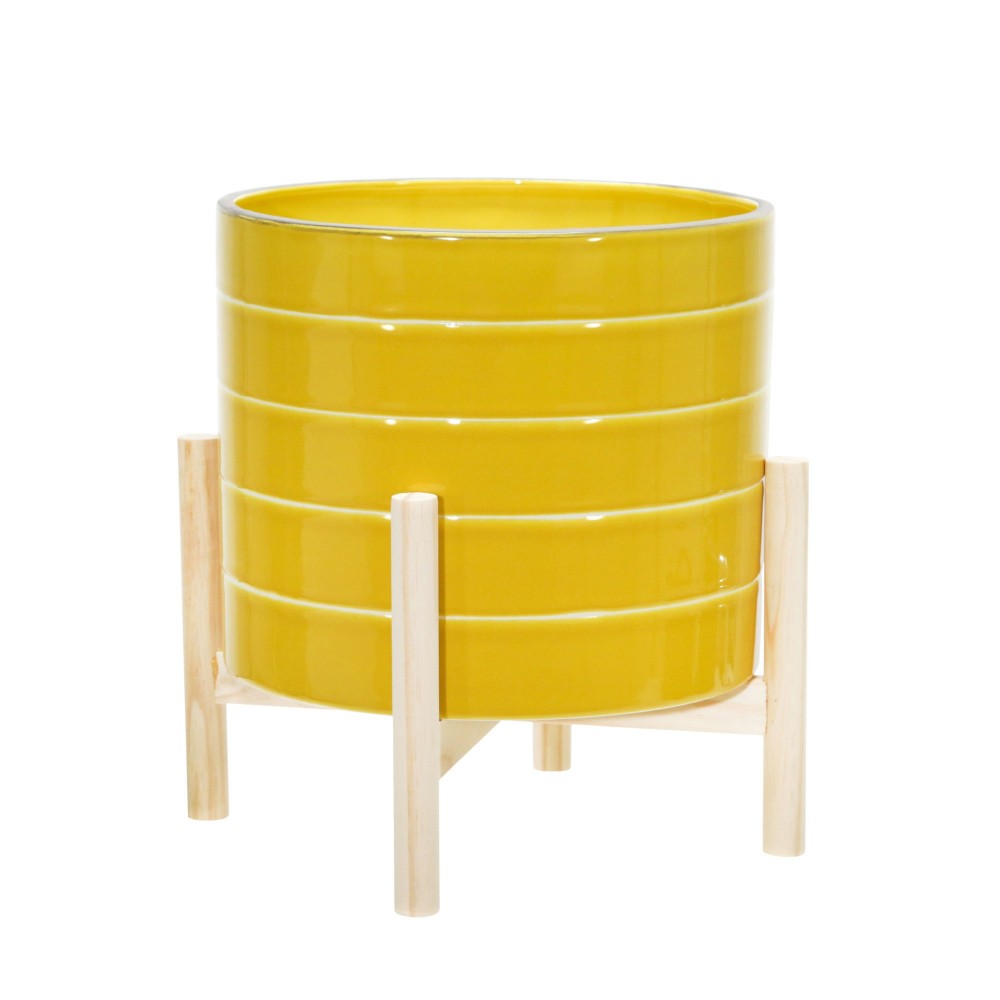 12" Ceramic Striped Planter W/ Wood Stand, Yellow