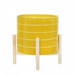 12" Ceramic Striped Planter W/ Wood Stand, Yellow