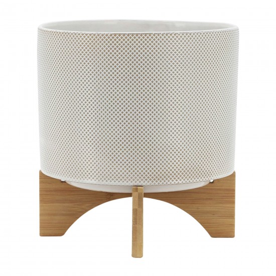 Ceramic 10" Planter On Stand,white / Tan Dot