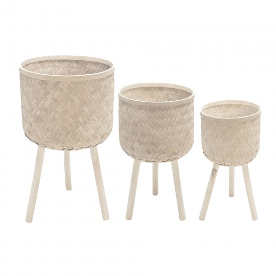 S/3 Bamboo Planters White Wash