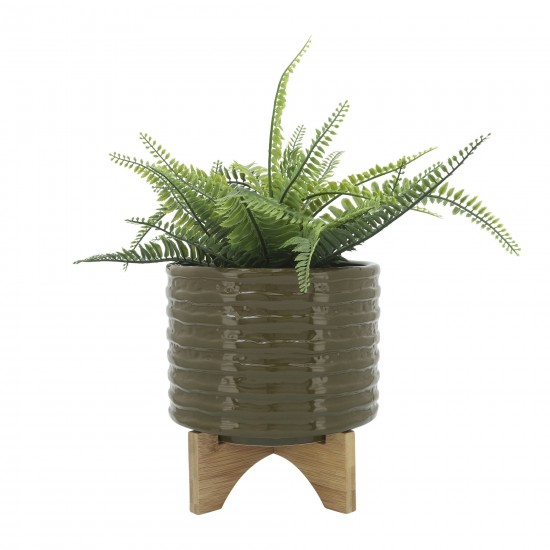 Cer, 8" Textured Planter W/ Stand, Olive