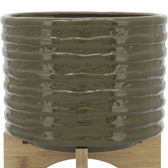 Cer, 8" Textured Planter W/ Stand, Olive